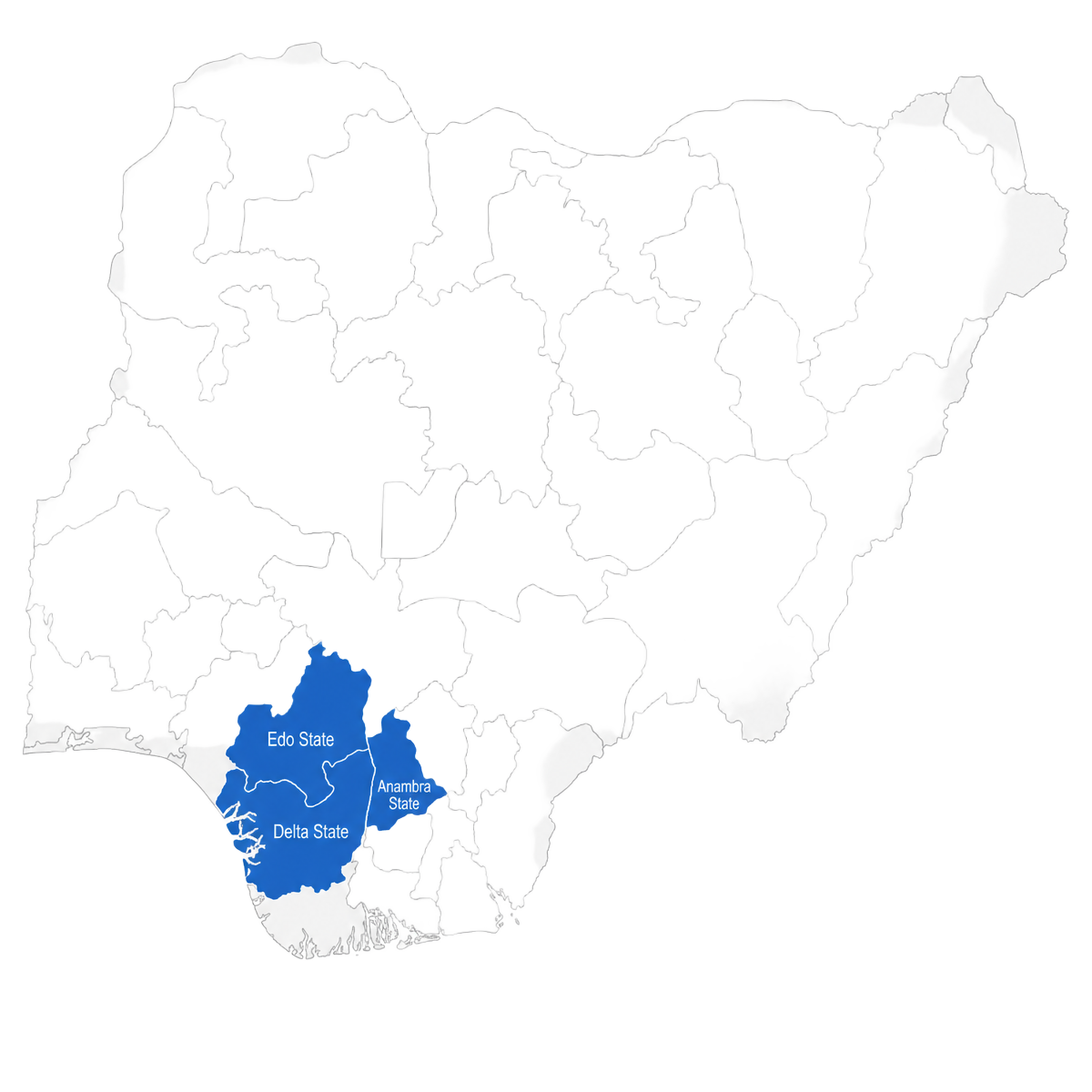 Map of Nigeria highlighting Delta, Edo and Anambra states